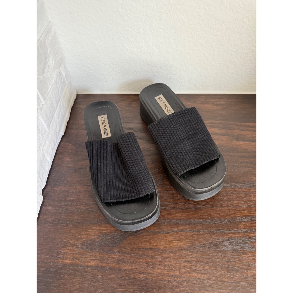 Steve Madden Black Ribbed Knit Platform Slide Sandals Y2K Open Toe Womens 6